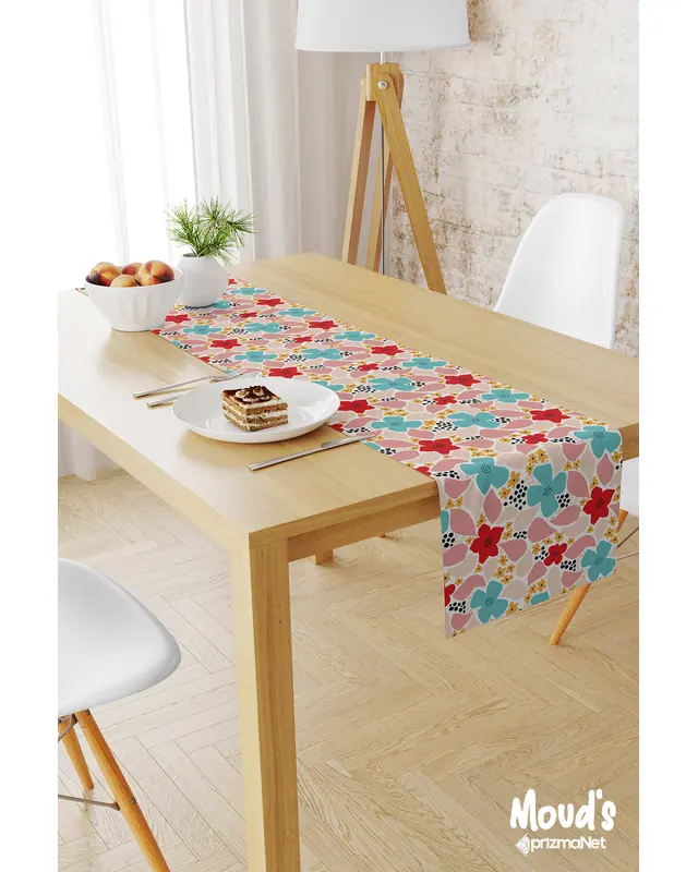 Canlı Colourful Flowers Pattern Printed Suede Table Runner