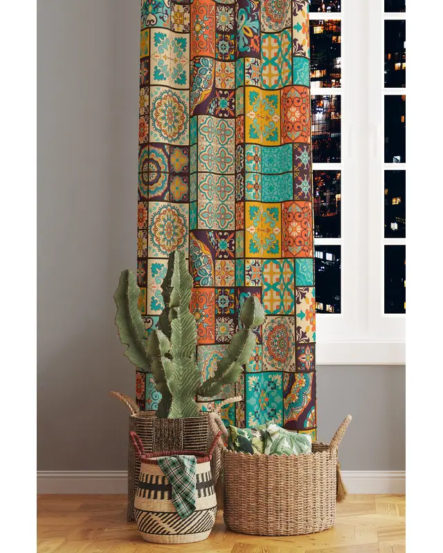 Ottoman Patterned Suede Living Room Decorative Curtain Printed Pencil Pleat - Single Panel - PRD-1084-TK