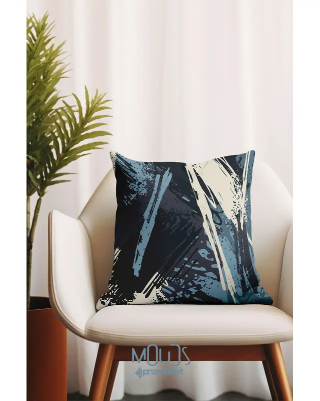 Çift Tarafı Baskılı Blue Brush Desenli Tekli Kırlent Kılıfı