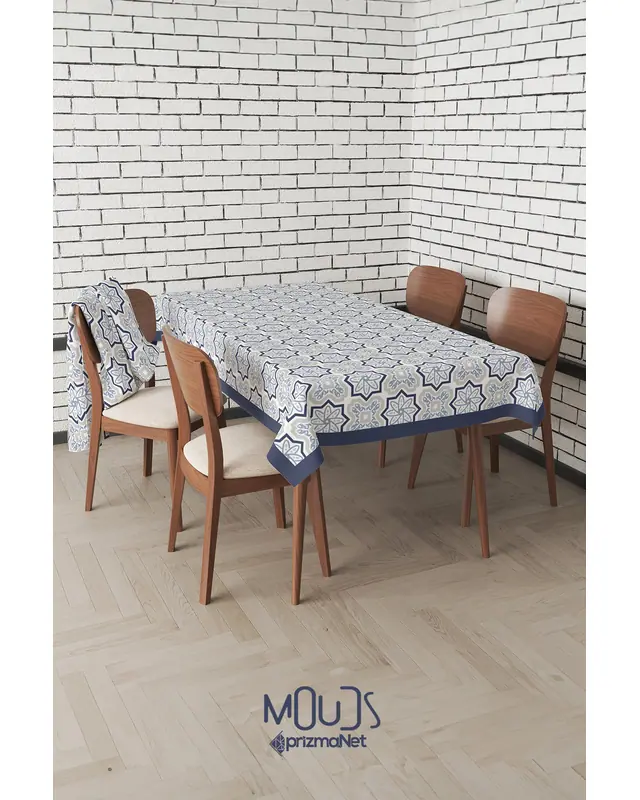 Navy Blue Smoky Grey Ornament Islamic Rectangular Easy-Care Suede-Feel Tablecloth - MS-233 - 5