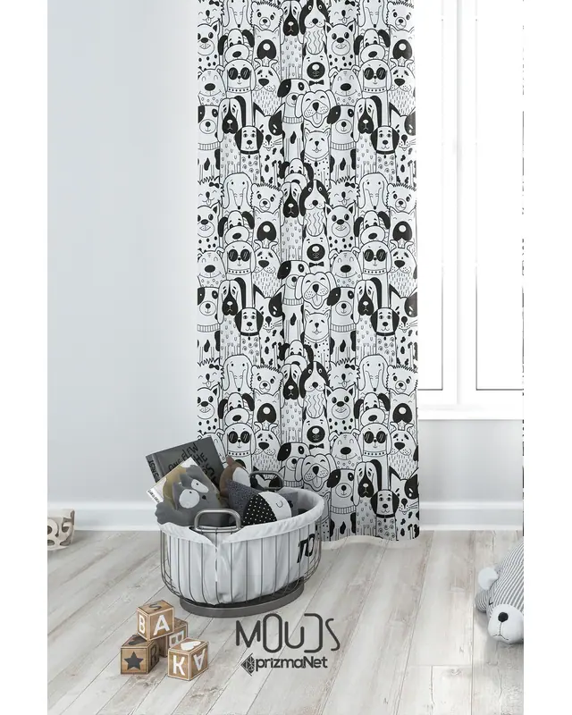 Black Dogs Patterned Decorative Curtain Kids' and Baby Room Digital Printed Suede Pencil Pleat - Single Panel - PRD-27-TK - 2