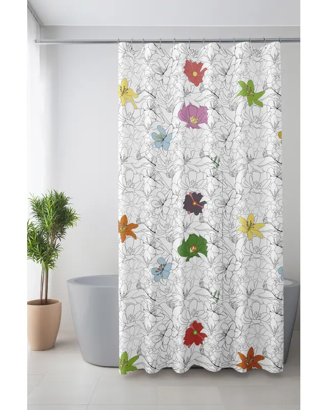 Banyo Perdesi, Çiçek Serisi Desenli Duş Perdesi, Küvet Perdesi, Halka Hediyeli 175x200cm BP-104