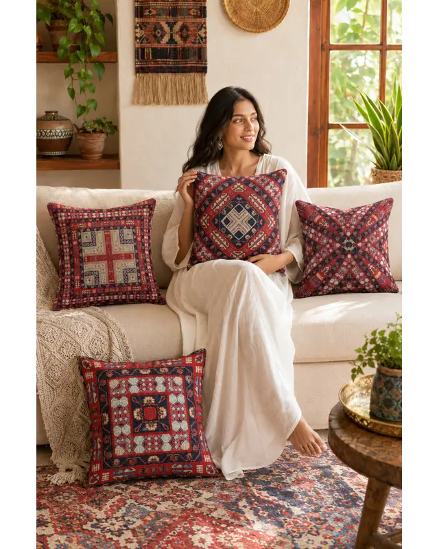 Double-Sided Printed Türkiye Kilim Pattern Set of 4 Coordinated Suede Cushion Cover - 2