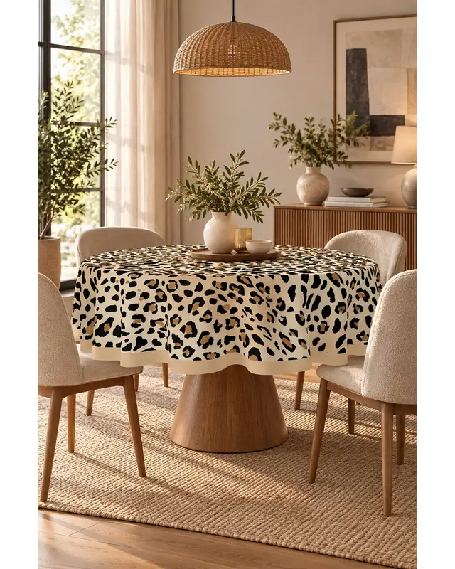 Leopar Desenli Yuvarlak Masa Örtüsü Dertsiz Süet Dokulu Kumaş