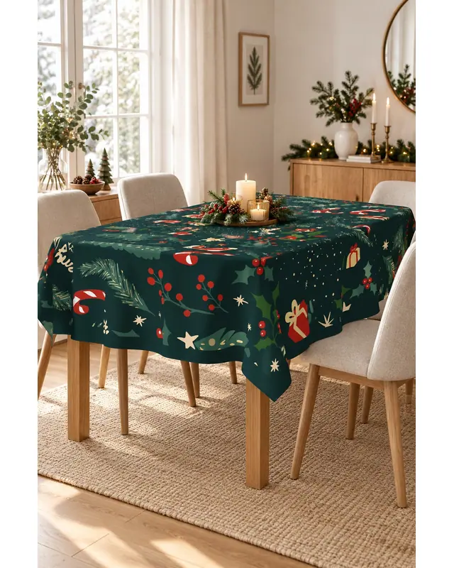 Yeşil Merry Christmas Yılbaşı Desenli Yuvarlak Süet Dertsiz Masa Örtüsü