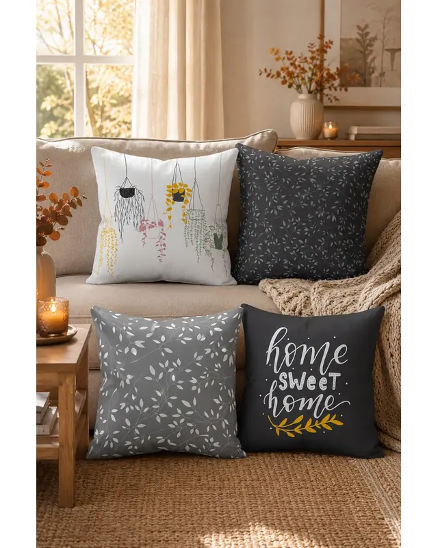 Çift Tarafı Baskılı Gri Sweet Home Serisi Desenli 4'lü Kombin Süet Kırlent Kılıfı - PLG200