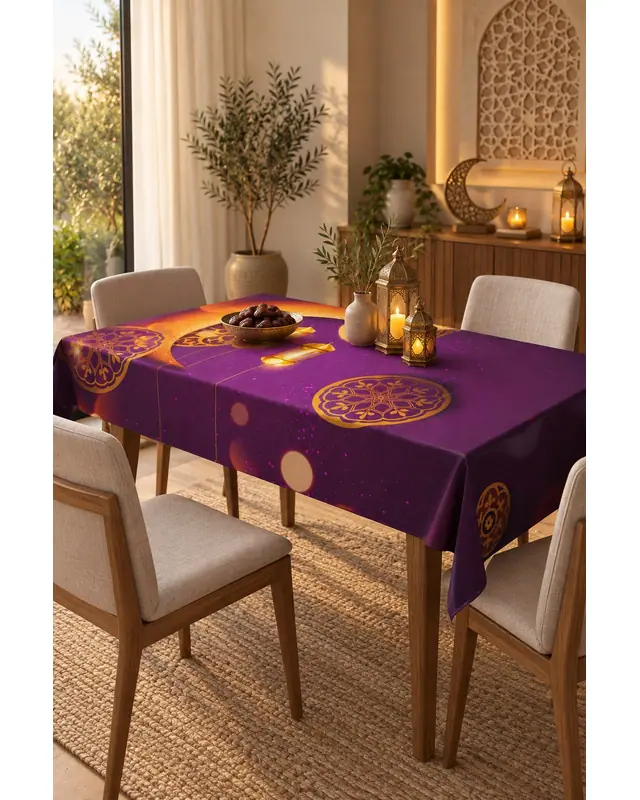 Ramazan Mor Ay Desenli Süet Kumaş Dertsiz Masa Örtüsü Kare ve Dikdörtgen Ramadan