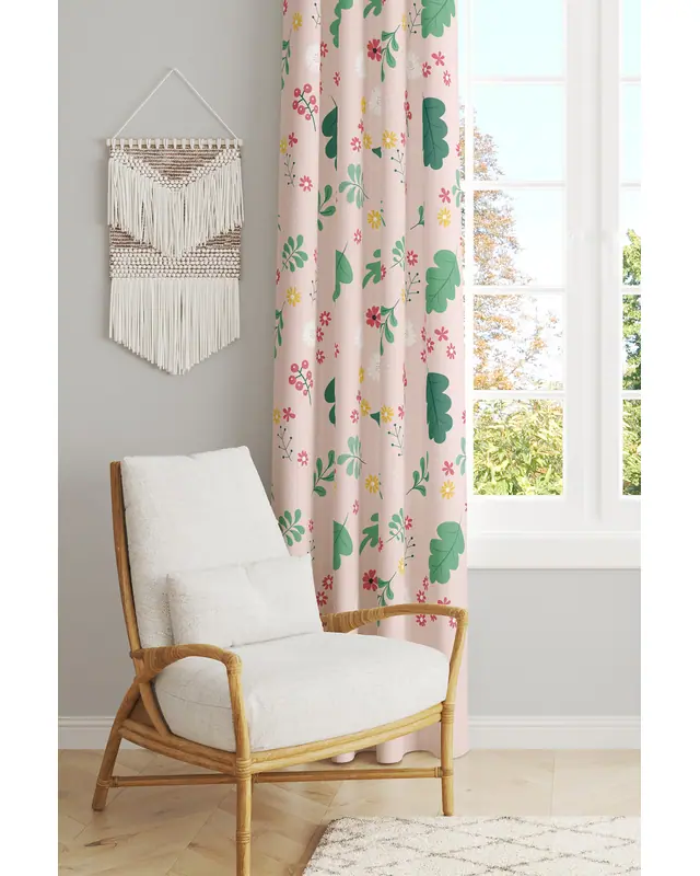 Green Pink Leaf Patterned Suede Living Room Decorative Curtain Pencil Pleat - Single Panel - PRD-1035-TK - 2