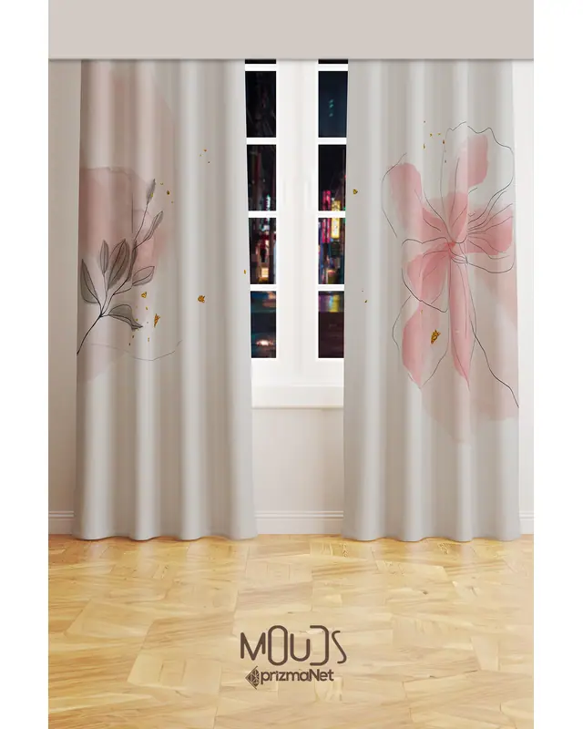 Flower Art 2 Patterned Suede Living Room Salon Decorative Curtain Printed Pencil Pleat - Set of 2 Panels - PRD-1031 - 2