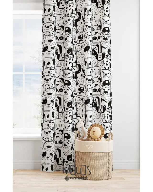 Black Dogs Patterned Decorative Curtain Kids' and Baby Room Digital Printed Suede Pencil Pleat - Single Panel - PRD-27-TK - 3