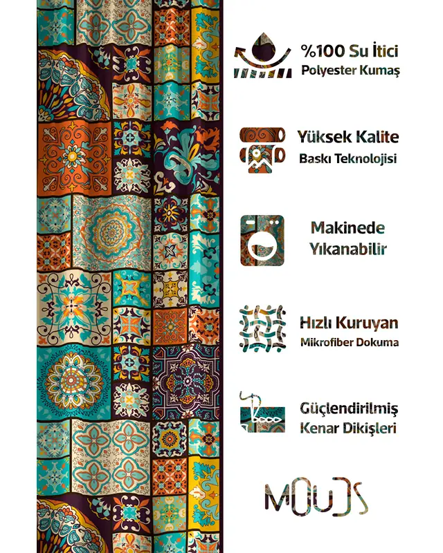 Banyo Perdesi, Osmanlı Desenli Duş Perdesi, Küvet Perdesi, Halka Hediyeli 175x200cm BP-60 - 2