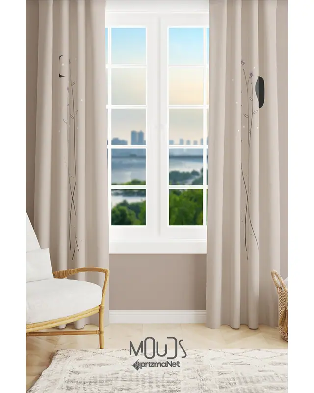 Bej Minimal Çiçek Desenli Süet Oturma Odası Salon Fon Perde Baskılı Ekstrafor Büzgü 2 Kanat PRD-1058