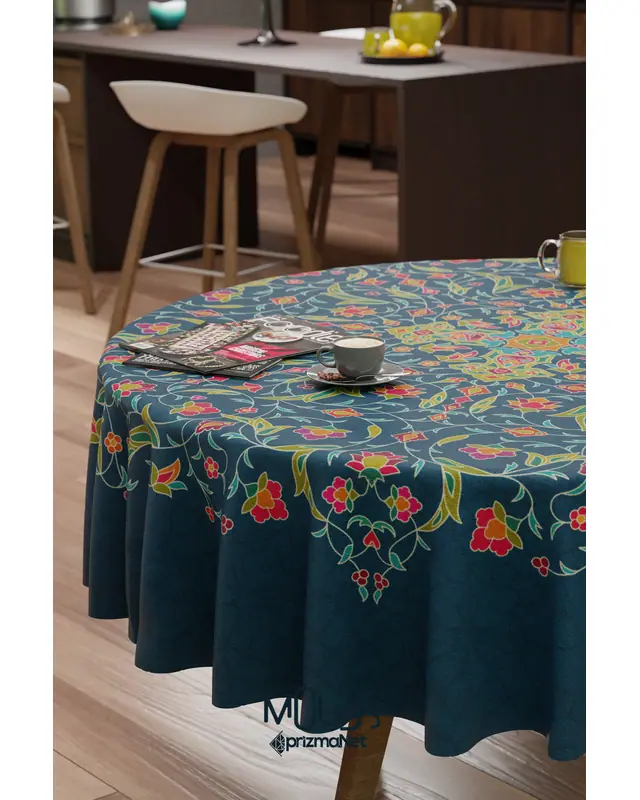 Ramazan Çiçek Dalları Desenli Süet Kumaş Dertsiz Yuvarlak Masa Örtüsü Ramadan - 3