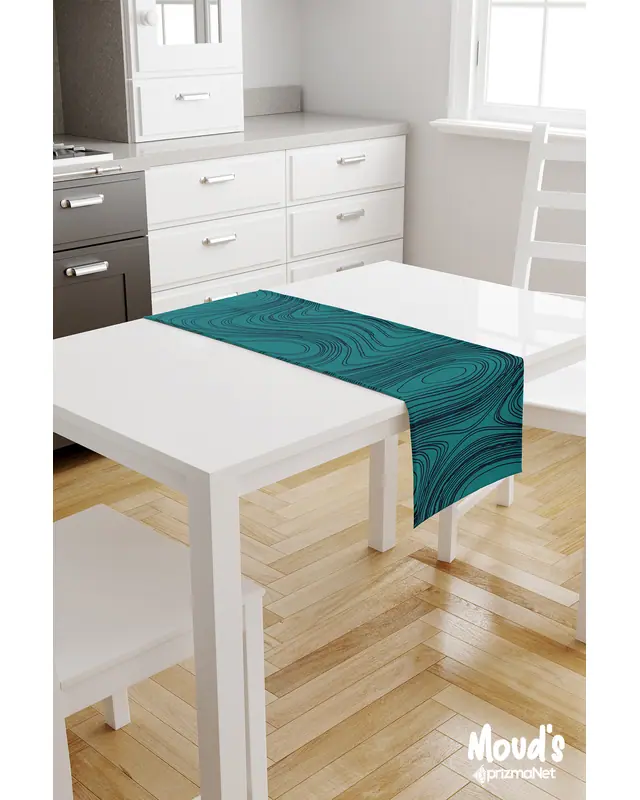 Turquoise Dalga Pattern Printed Suede Table Runner - 2