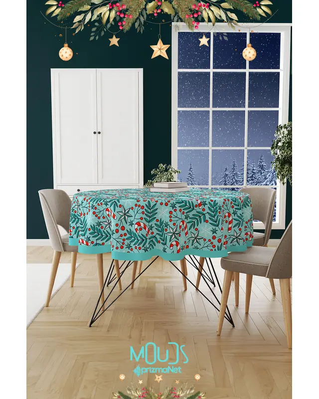 Kokina Blue Candy Cane Christmas Round Easy-Care Suede-Feel Tablecloth - MSY-273 - 2