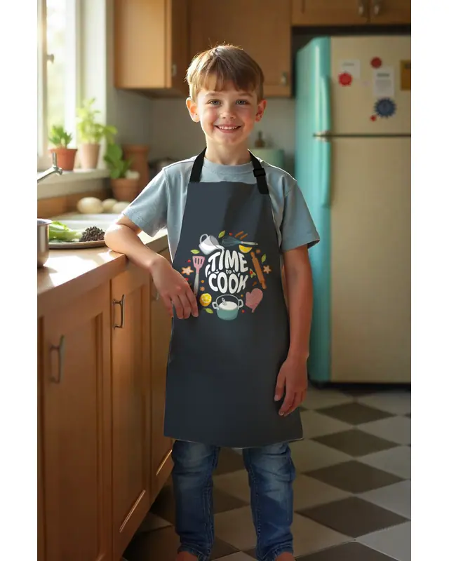Children's Kitchen Apron, Activity Bib, Patterned Kitchen Apron, 55 cm Size 40 cm Width Children's Front - MTC-12 - 2