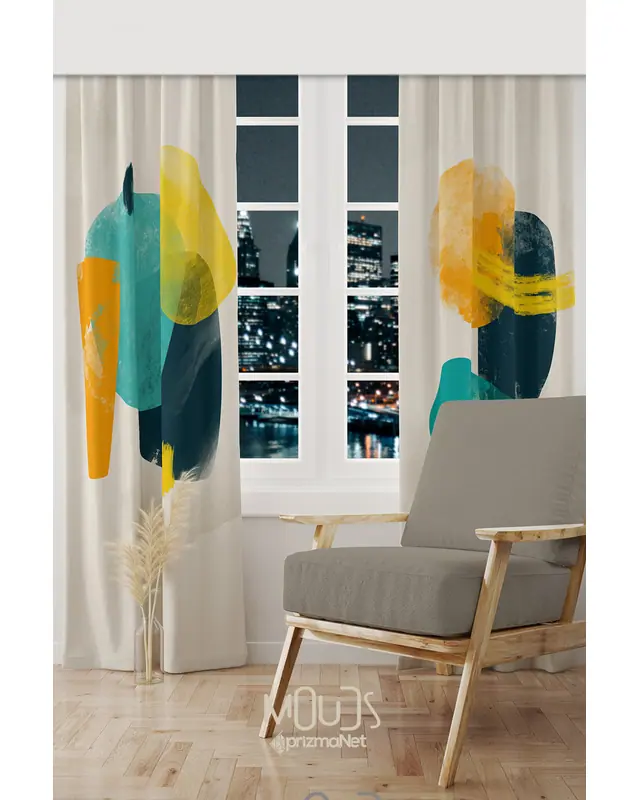 Colorful Oval Patterned Suede Living Room Decorative Curtain Printed Pencil Pleat Lanyard - Set of 2 Panels - PRD-1110
