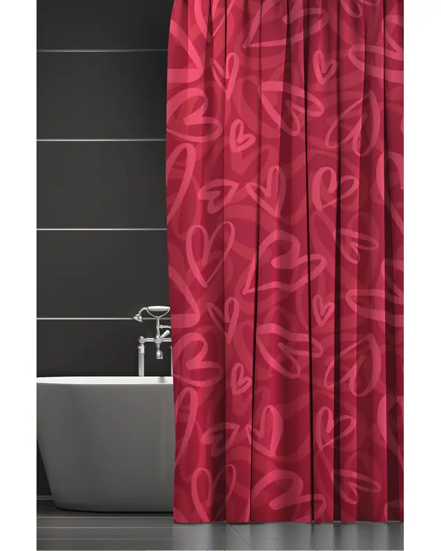 Banyo Perdesi, Kırmızı Pembe Kalp Desenli Duş Perdesi, Küvet Perdesi, Halka Hediyeli 175x200cm BP-64