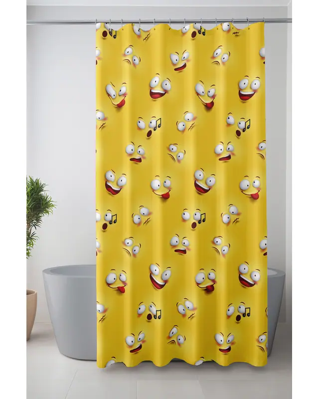 Banyo Perdesi, Sarı Emoji Desenli Duş Perdesi, Küvet Perdesi, Halka Hediyeli 175x200cm BP-56