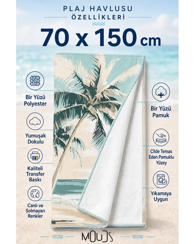 Dijital Baskılı 70x150cm Palmiye Esintisi Desenli Plaj Havlusu - Banyo Havlusu - Deniz Havlusu - 2