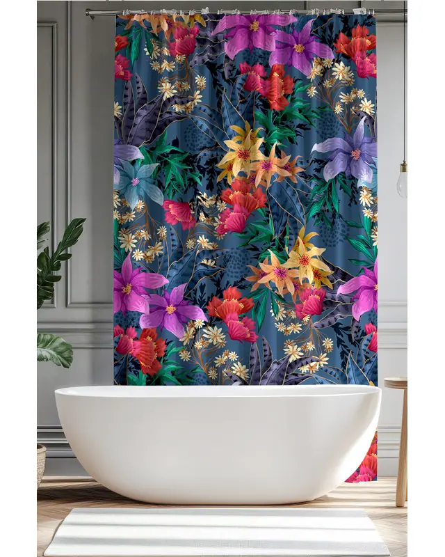 Banyo Perdesi, Gece Çiçekleri Desenli Duş Perdesi, Küvet Perdesi, Halka Hediyeli 175x200cm BP-97