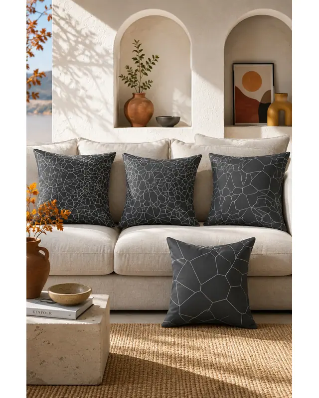 Double-Sided Printed Grey Crystal Pattern Set of 4 Coordinated Suede Cushion Cover - 8