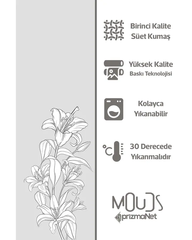 Beyaz Çiçekler Desenli Süet Oturma Odası Salon Fon Perde Baskılı Ekstrafor Büzgü 2 Kanat PRD-1052 - 6