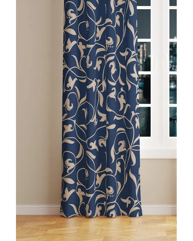 Navy Vintage 2 Patterned Suede Living Room Decorative Curtain Printed Pencil Pleat - Single Panel - PRD-1065-TK - 2