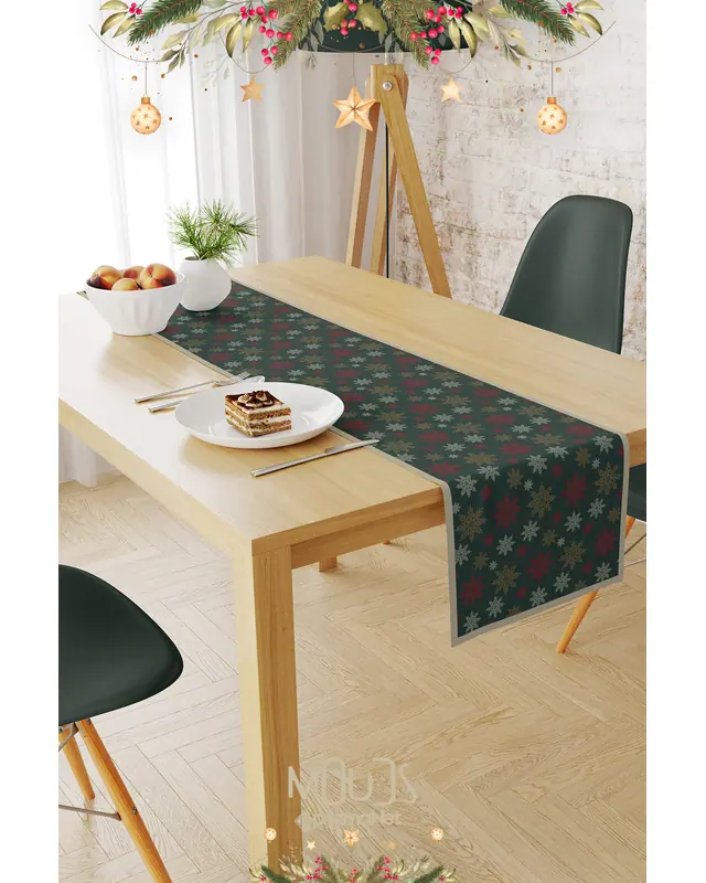 Koyu Green Snowflakes Christmas Pattern Table Runner Easy-Care Suede Textured Fabric New Year - 2