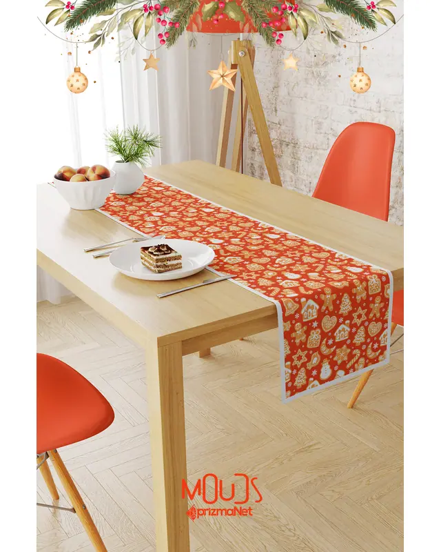 Orange Christmas Kurabiyeleri Pattern Suede Table Runner - 2