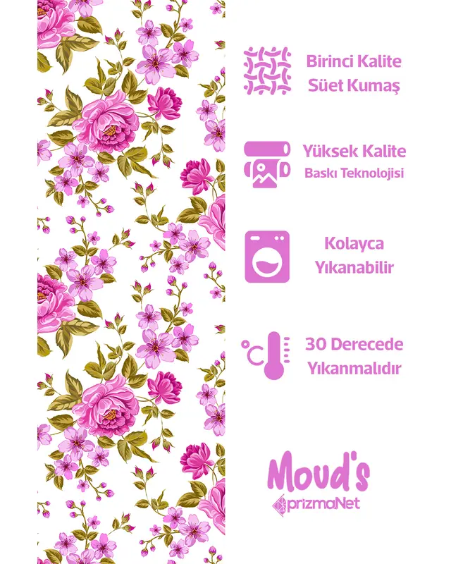 Pembe Lila Çiçek Desenli Baskılı Süet Runner Masa Örtüsü - 2