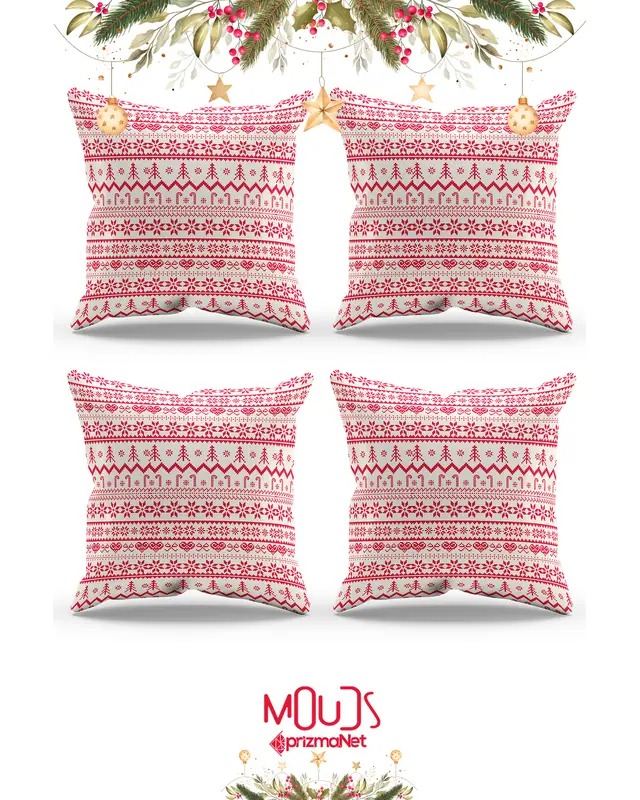 Christmas Kazağı Pattern Double-Sided Printed Suede Cushion Cover PL1126-4LÜ