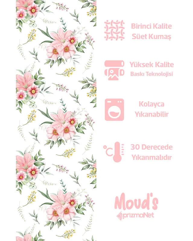 Açık Pembe Çiçek Desenli Baskılı Süet Runner Masa Örtüsü - 2
