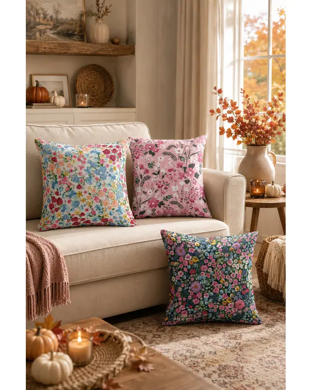 Double-Sided Printed Pastel Flower Pattern Set of 3 Coordinated Suede Cushion Cover - 6
