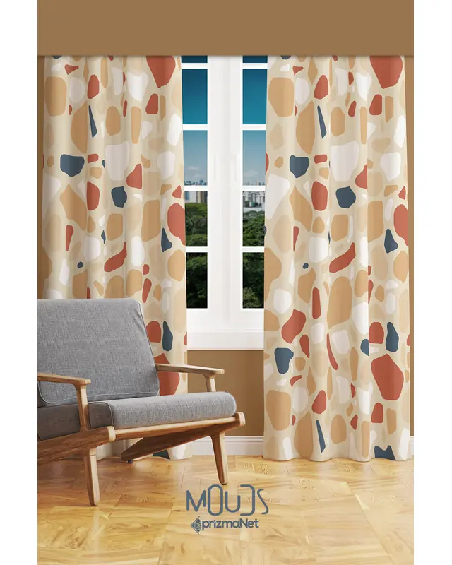 West Stone Patterned Suede Living Room Decorative Curtain Printed Pencil Pleat Body - Set of 2 Panels - PRD-1082 - 2