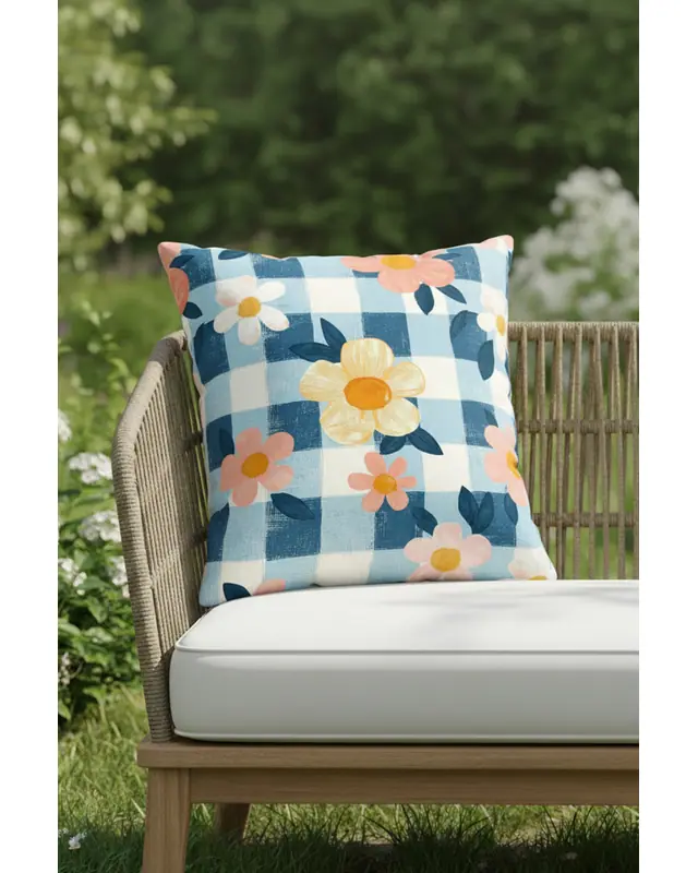 Pastel Blue Floral Pattern Cushion Cover Water-Resistant Wipe-Clean Digitally Printed Garden Decor