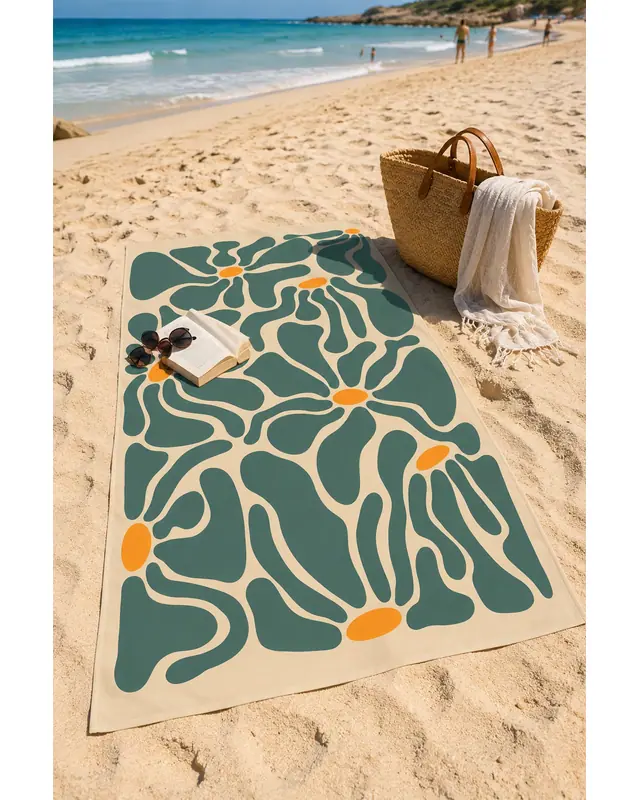 Dijital Baskılı 70x150cm Retro Akış Desenli Plaj Havlusu - Banyo Havlusu - Deniz Havlusu