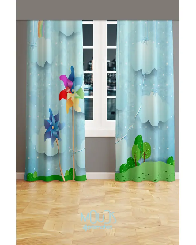 Wind Rose Patterned Decorative Curtain Kids' and Baby Room Printed Suede Pencil Pleat - Set of 2 Panels - PRD-60 - 3