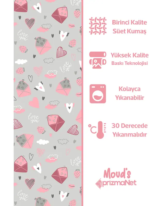 Kalp ve Zarf Desenli Baskılı Çocuk ve Bebek Odası Fon Perdesi 2 Kanat - PRD-33 - 4