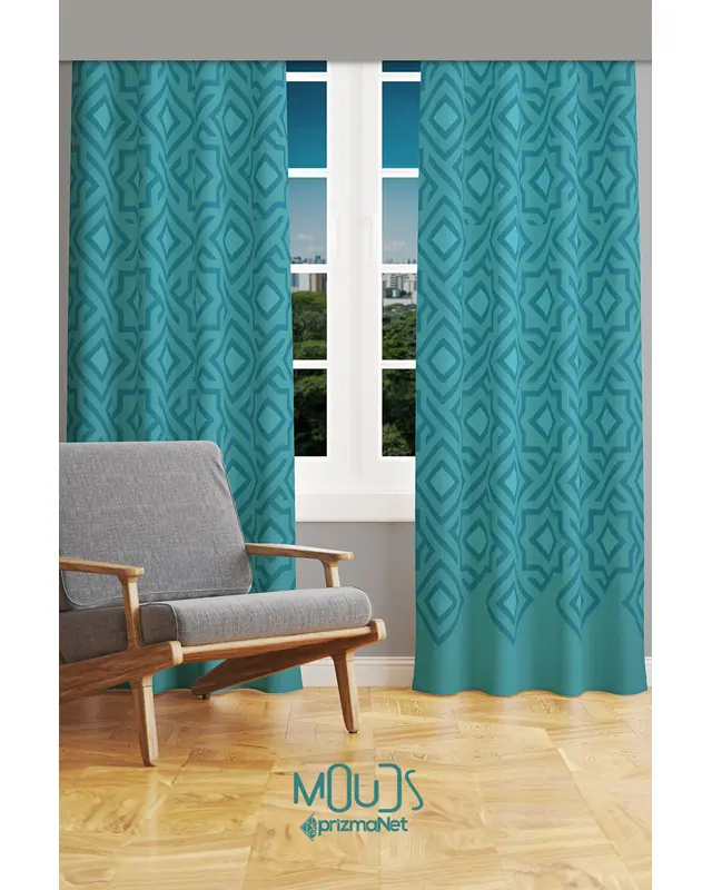 Turkuaz Fivegen Patterned Suede Living Room Decorative Curtain Printed Pencil Pleat Body - Set of 2 Panels - PRD-1018 - 2