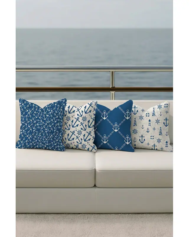Set of 4 Sea Pattern Cushion Cover Water-Resistant Wipe-Clean Digitally Printed Boat and Yacht Decor SET06