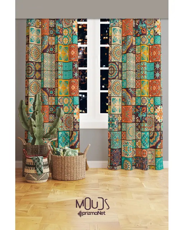 Ottoman Patterned Suede Living Room Decorative Curtain Printed Pencil Pleat Body - Set of 2 Panels - PRD-1084 - 2