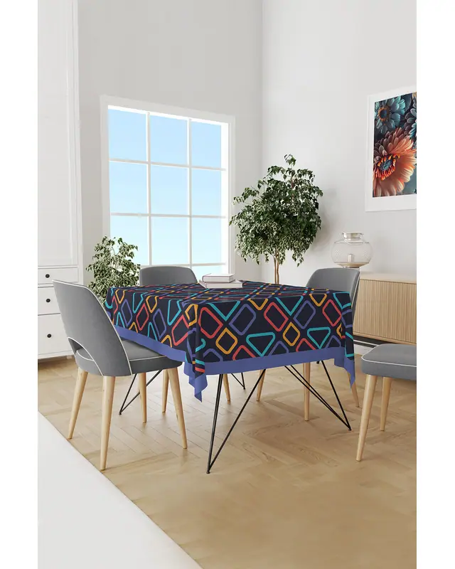 Lacivert Renkli Kareler Desenli Yuvarlak Süet Dertsiz Masa Örtüsü