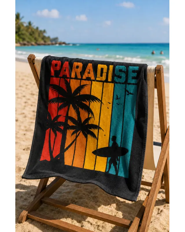 Dijital Baskılı 70x150cm Paradise Desenli Plaj Havlusu - Banyo Havlusu - Deniz Havlusu - 3