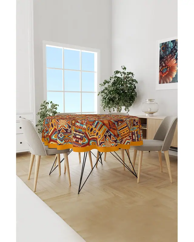 Etnik Kilim Desenli Yuvarlak Süet Dertsiz Masa Örtüsü