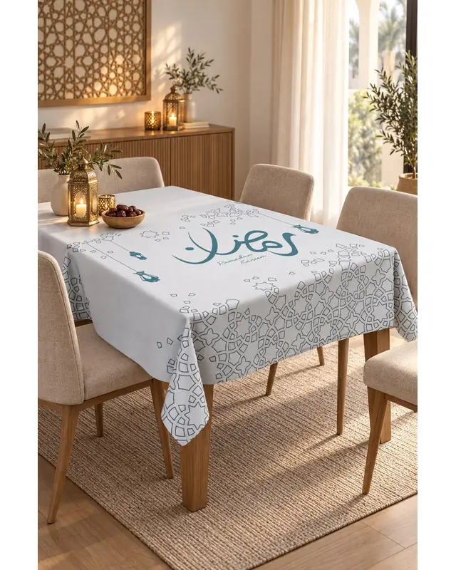 Ramazan Desenli Dikdörtgen Dertsiz Masa Örtüsü, Süet Dokulu Masa Örtüsü
