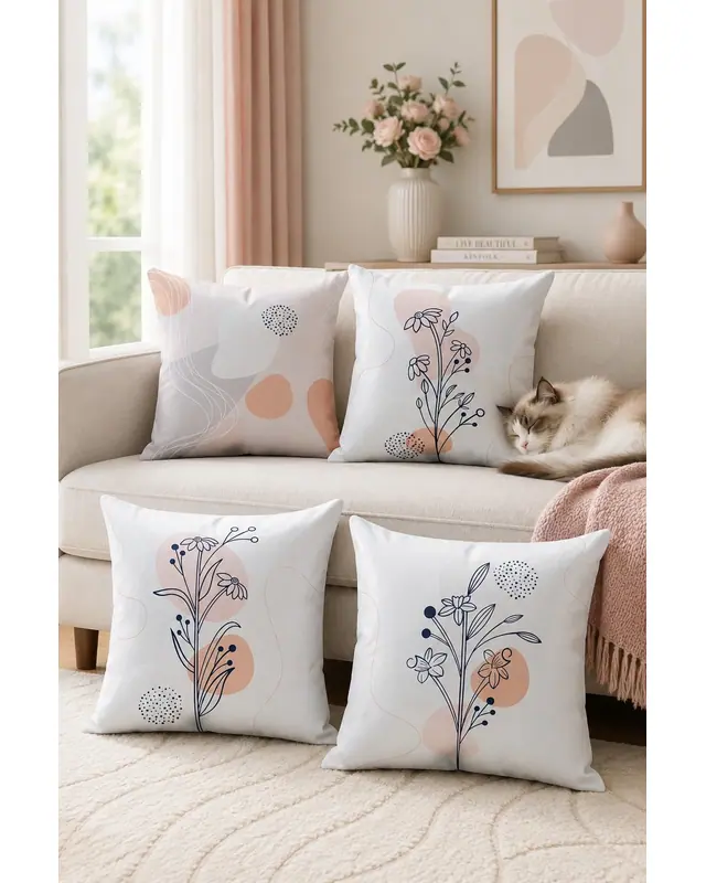 Double-Sided Printed Basic Flower Pattern Set of 4 Coordinated Suede Cushion Cover - 4