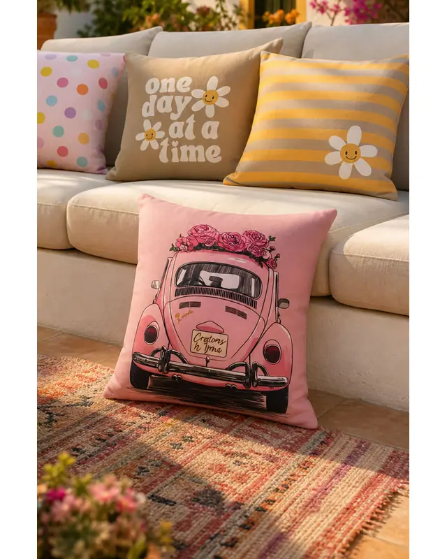 Bohemian & Retro Designed Decorative Cushion Cover Set Set of 4 – Daisy, Polka Dot, Vintage Car Printed Sofa Pillow Cover - 2