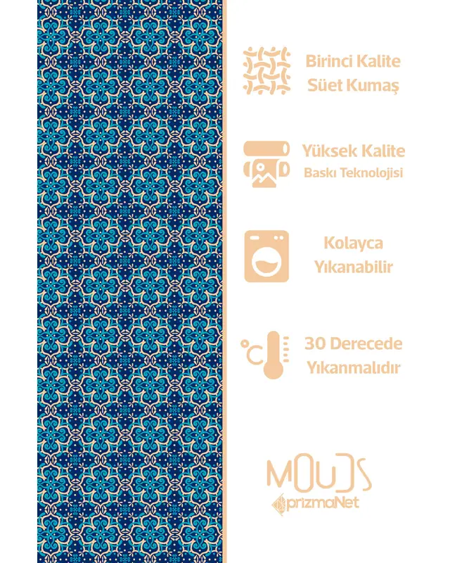 Mavi Krem Süsleme İslamik Desenli Süet Kumaş Dertsiz Yuvarlak Masa Örtüsü - 5