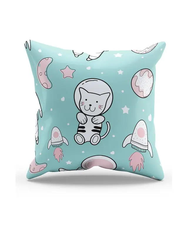 2'li Astronaut Cat Pattern Double-Sided Printed Suede Cushion Cover Set - 5